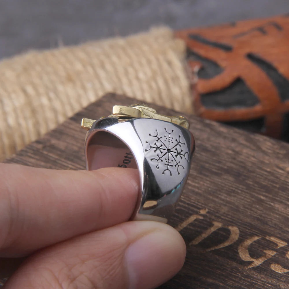 Gold Wolf Head Viking Ring