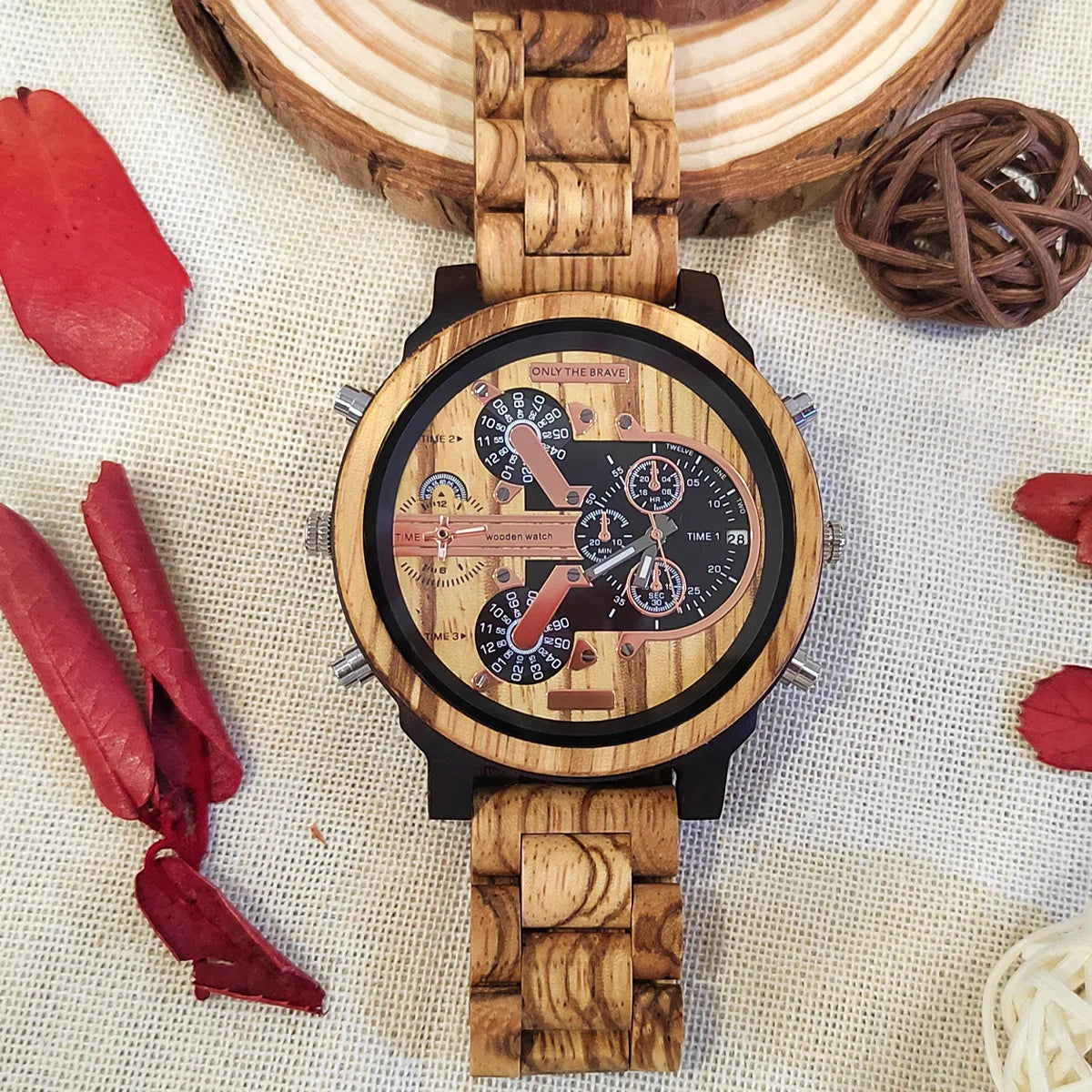 Fashion uurwerken chronograaf houten quartz pols Viking-horloge met grote wijzerplaat