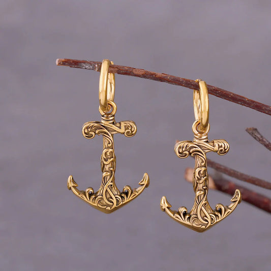 Boucles d'oreilles vikings en forme d'ancre dorée