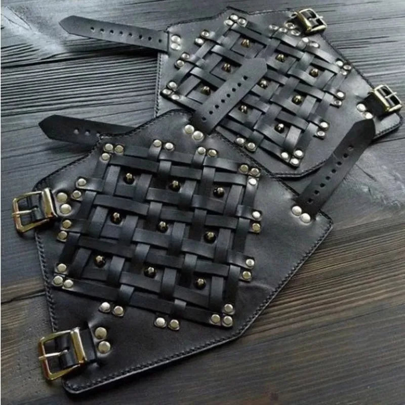 Black Leather Armor Viking Braided Wristband Handguard Pirate Knight Gauntlet Bracer
