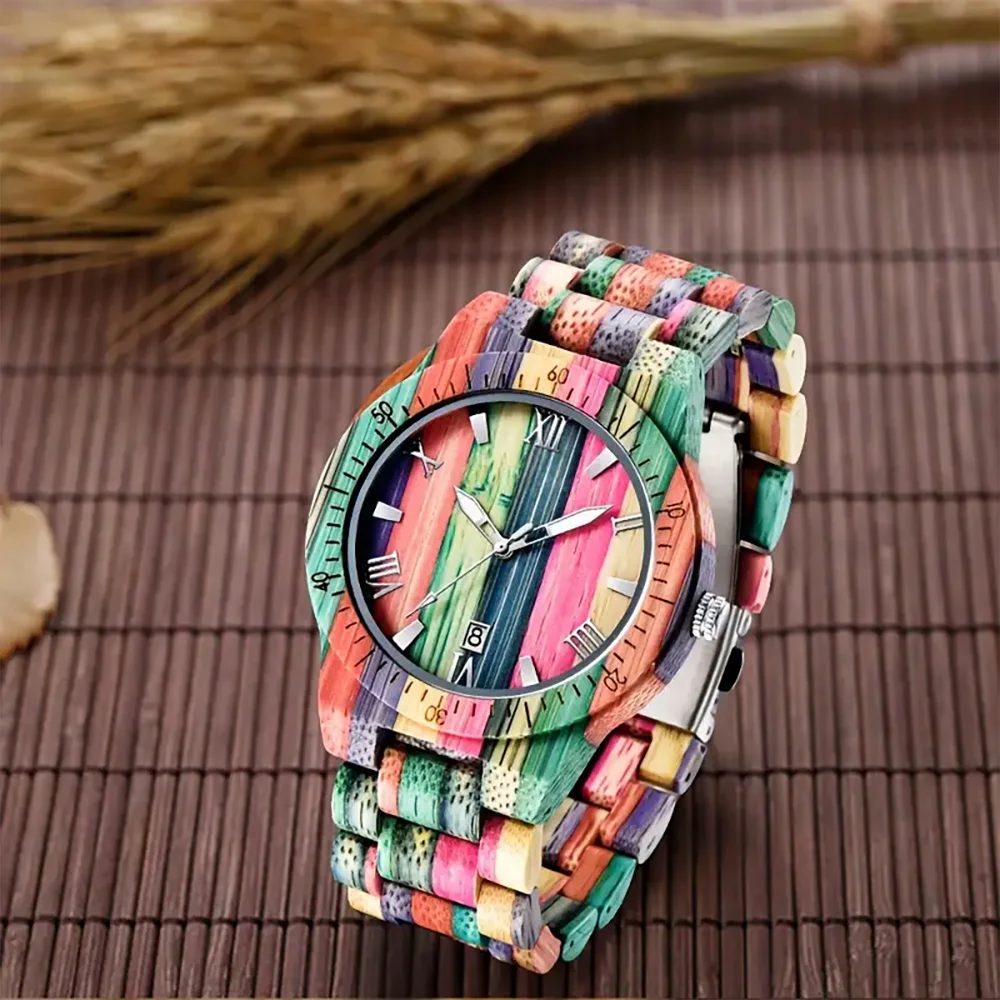 Kalender vierkante wijzerplaat kleurrijke bamboe natuurlijke armband houten Viking horloge