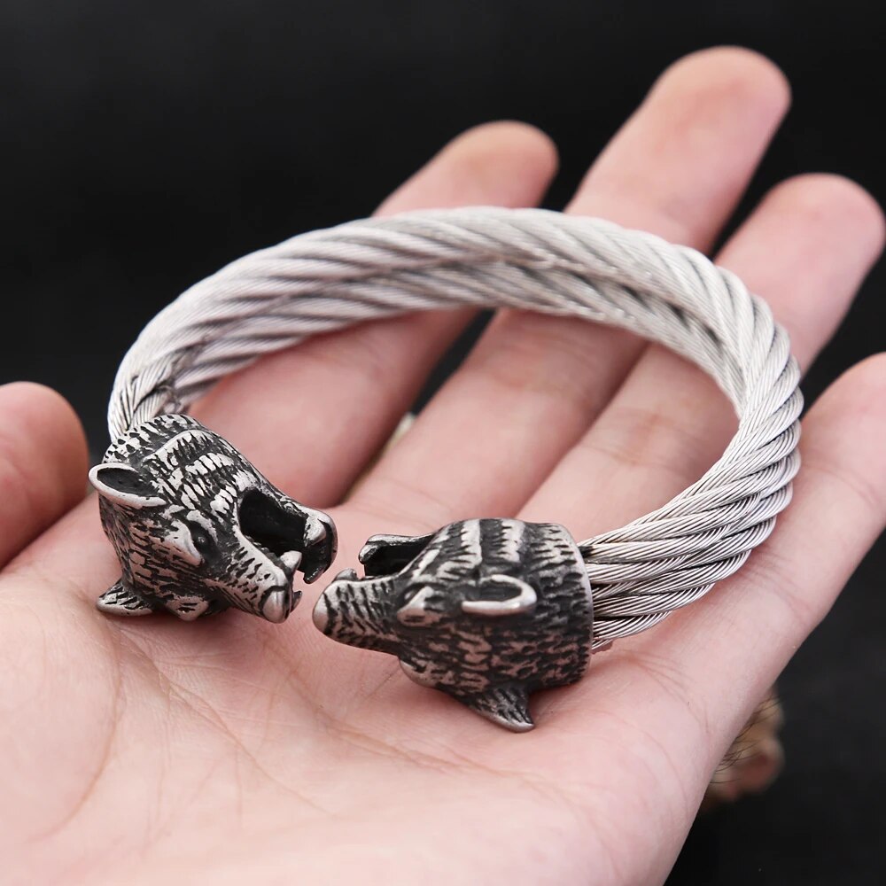 Double Wolf Head Cable Bracelet - TripleViking
