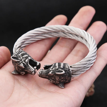 Double Wolf Head Cable Bracelet - TripleViking