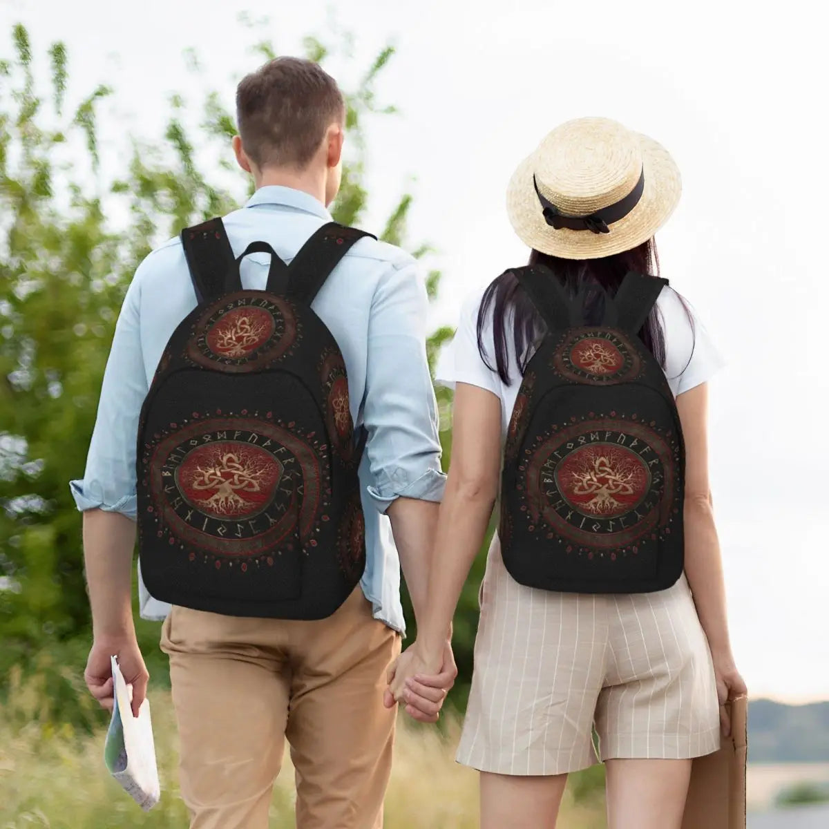 Norse Viking Tree Of Life With Triquetra Black Red Leather And Gold Travel Canvas Backpack