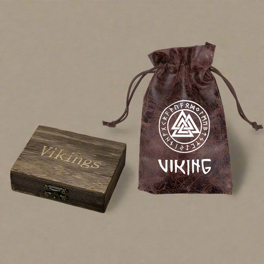 Caja de madera natural vikinga de lujo y juego de bolso de cuero PU retro