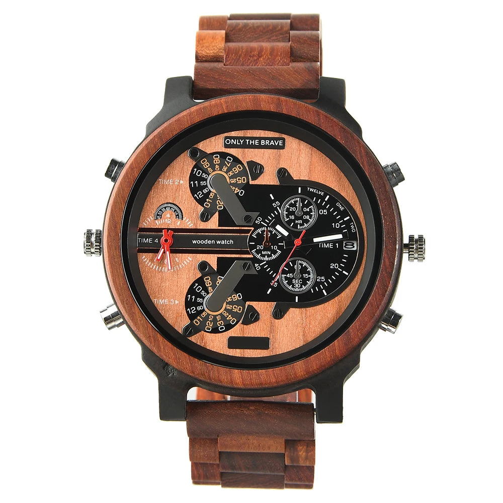 Big Face Large Wood Fashion Quartz Ročne ure Obleka s paščkom Dvojna ura Lesena ura Viking