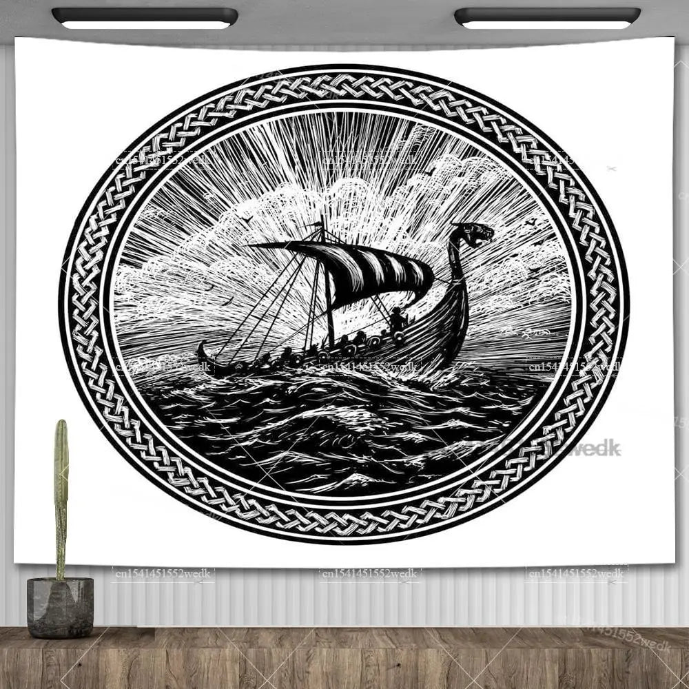 Viking's Ship And Nature Landscape Tapestry