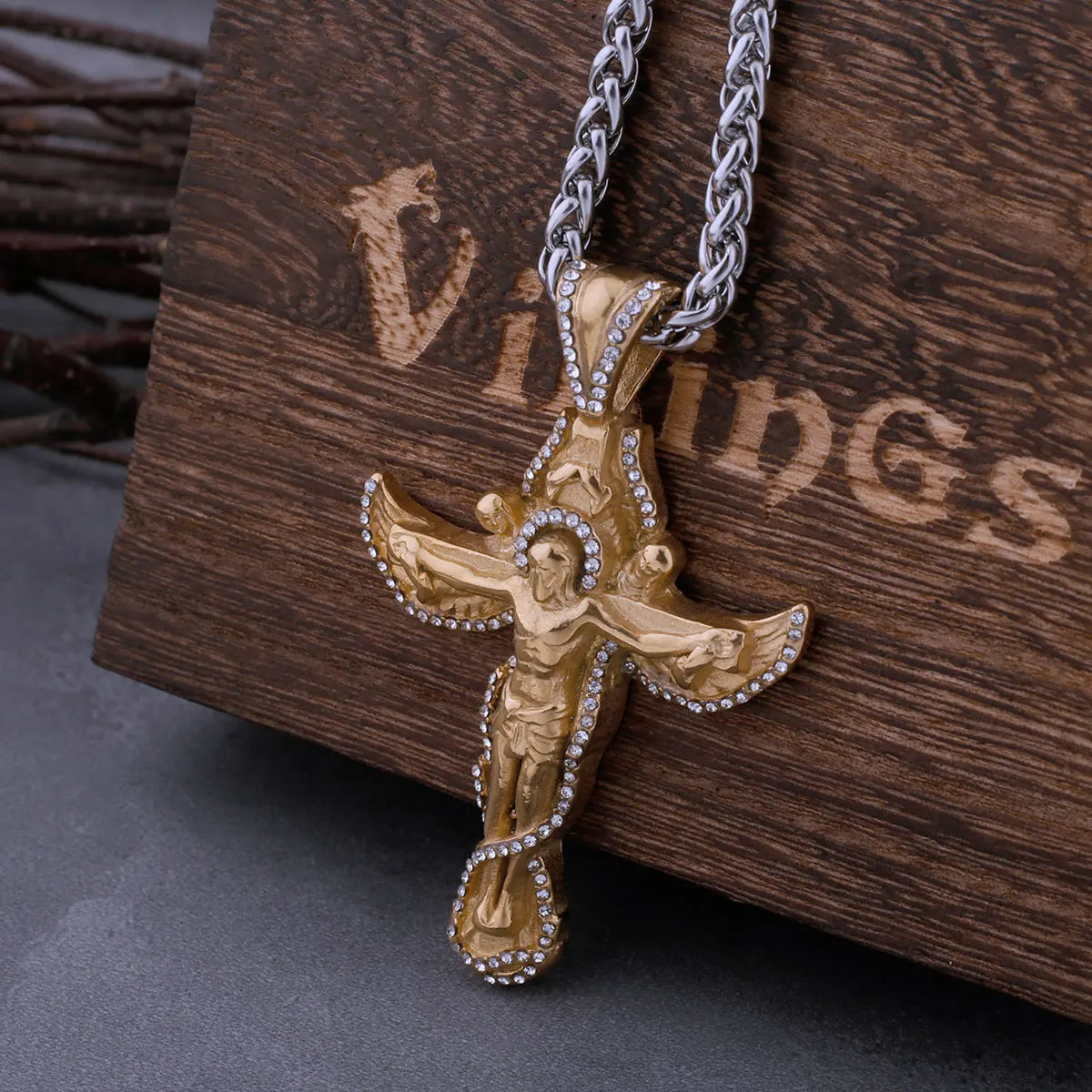 Gold Vintage Christian Cross Zircon Viking Necklace