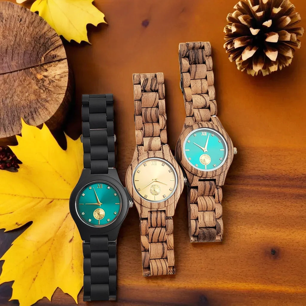 Women's Quartz Wrist Watch Wood Fashion Simulated Diamond Dial Wood Bracelet Viking Watch