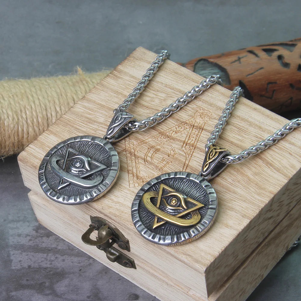 Collier punk franc-maçon avec pendentif œil de démon en acier inoxydable triple viking