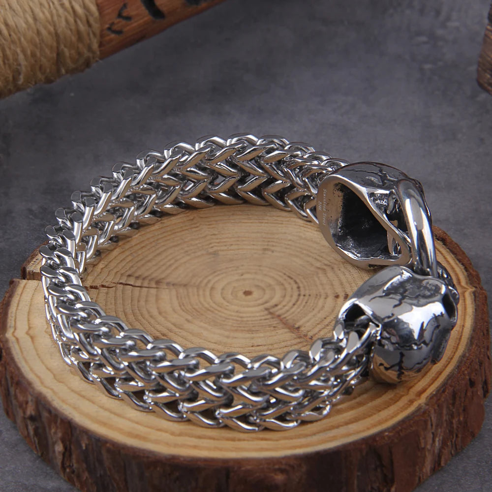 Stainless Steel Nordic Double Skull Head Viking Bracelet