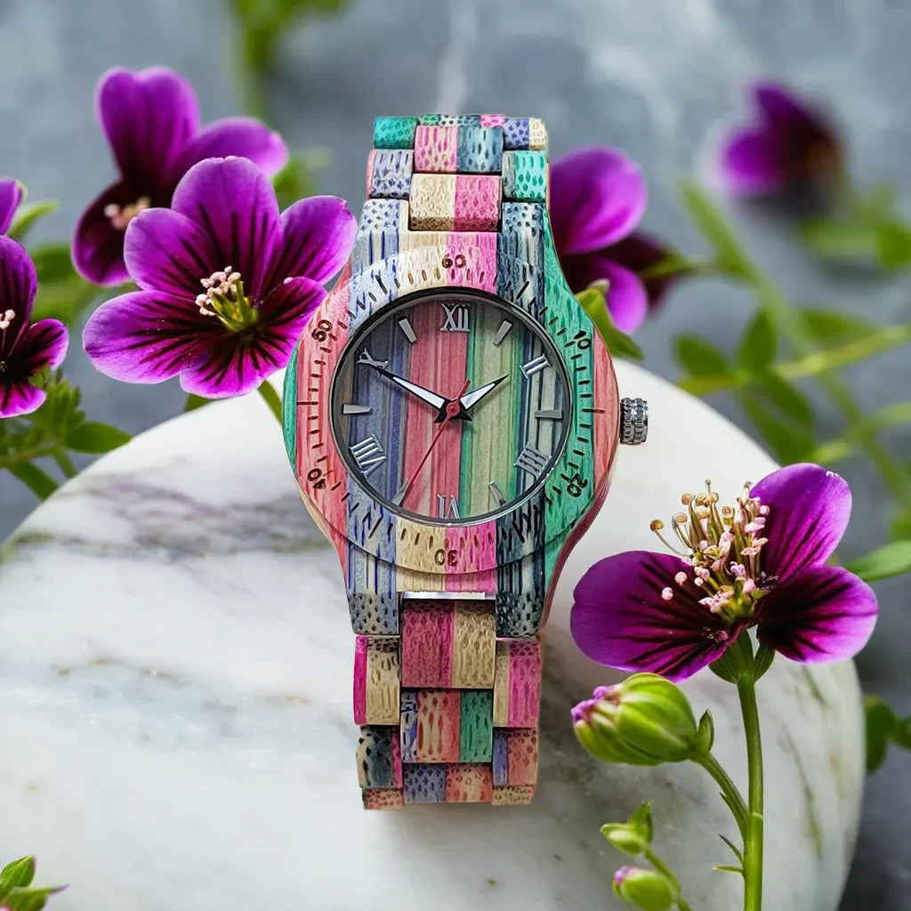 Reloj de mujer elegante y colorido reloj vikingo de madera de bambú