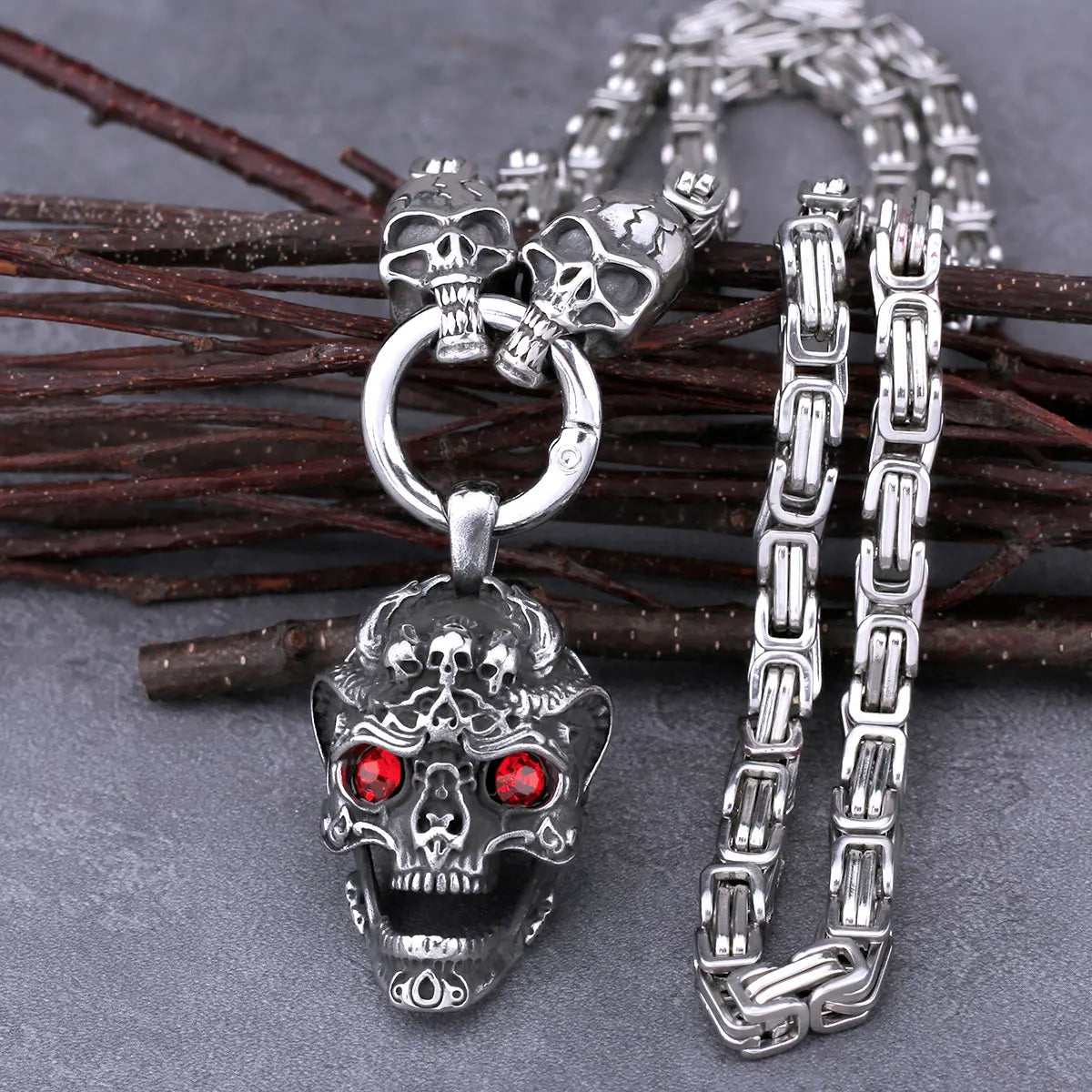 Stainless Steel Red Eye Skull Pendant With Skull Square Chain Viking Necklace