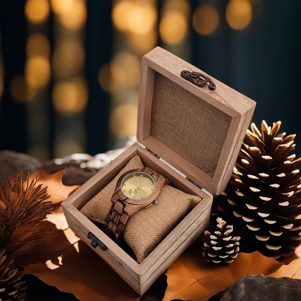 Reloj de madera con esfera de diamante simulado para mujer, reloj vikingo personalizado para aniversario de moda