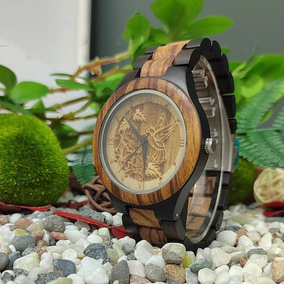 Lucky Tree Of Life Chronograf Fashion Hummingbird Dial Wood Quartz Wrist Watch Viking