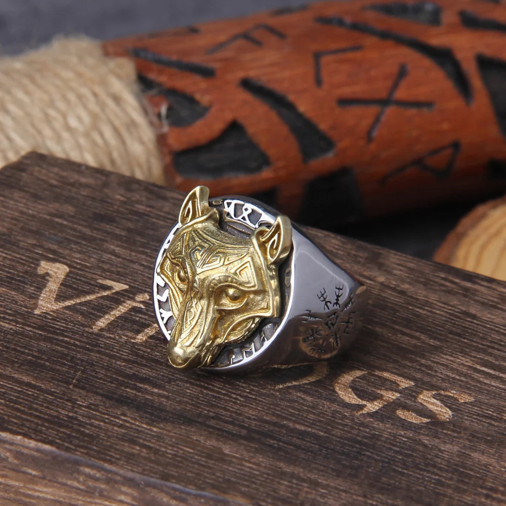 Gold Wolf Head Viking Ring