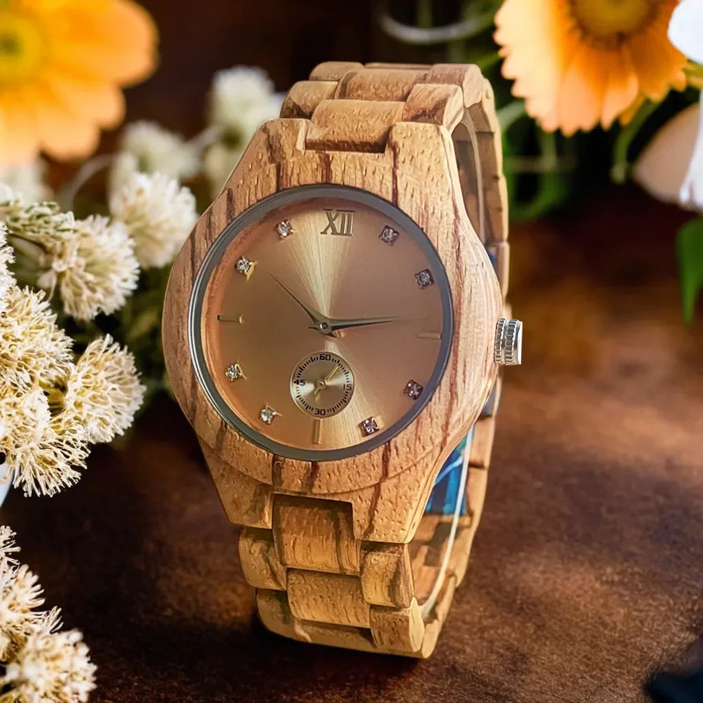 Women's Fashion Simulated Diamond Dia Clock Stylish simplicity Quartz Wooden Viking Watch