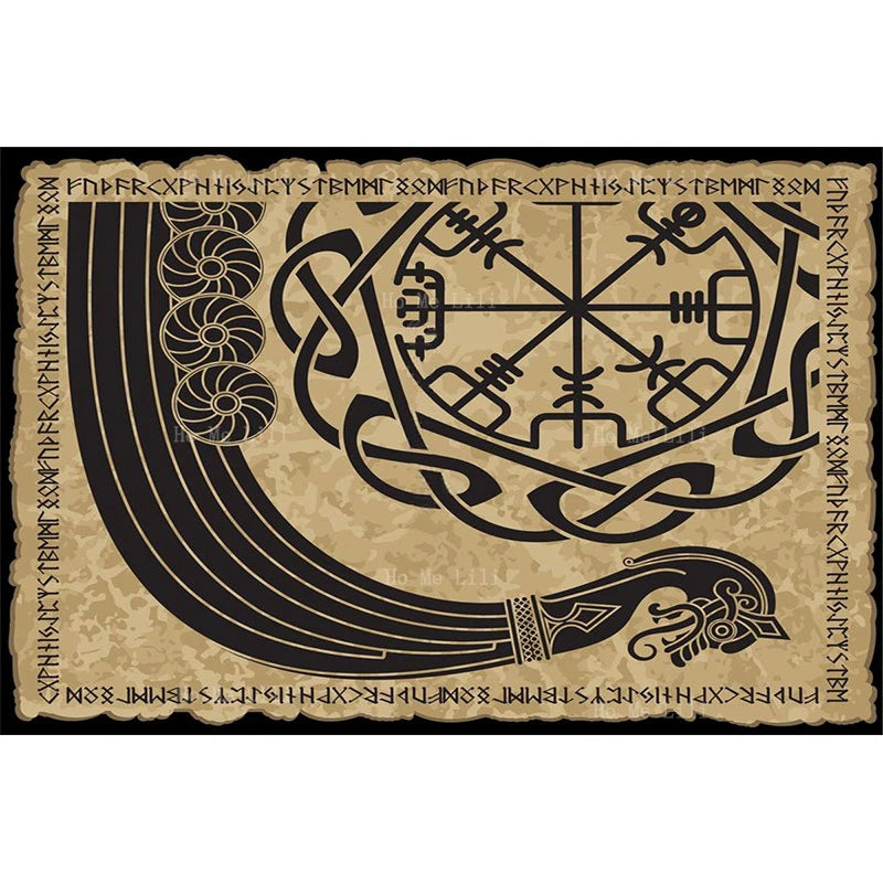 Nappe motif scandinave ancien et navire de guerre des Vikings, runes nordiques, mythologie