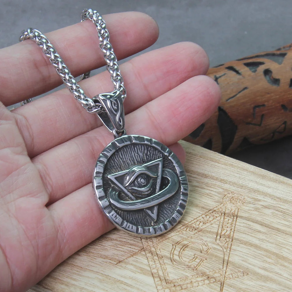 Collier punk franc-maçon avec pendentif œil de démon en acier inoxydable triple viking