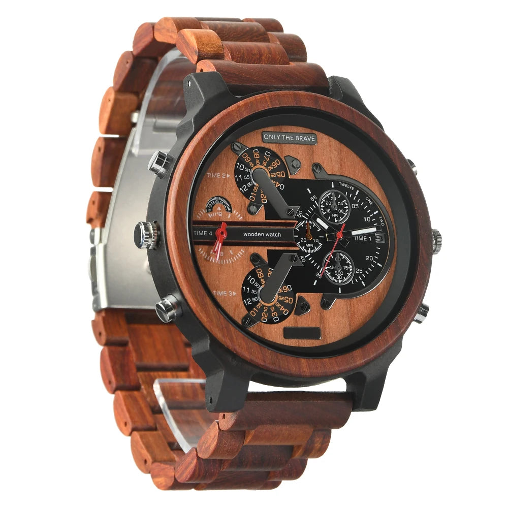 Relojes de pulsera de cuarzo de moda de madera grande con cara grande, vestido con correa, reloj doble, reloj vikingo de madera