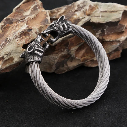 Double Wolf Head Cable Bracelet - TripleViking