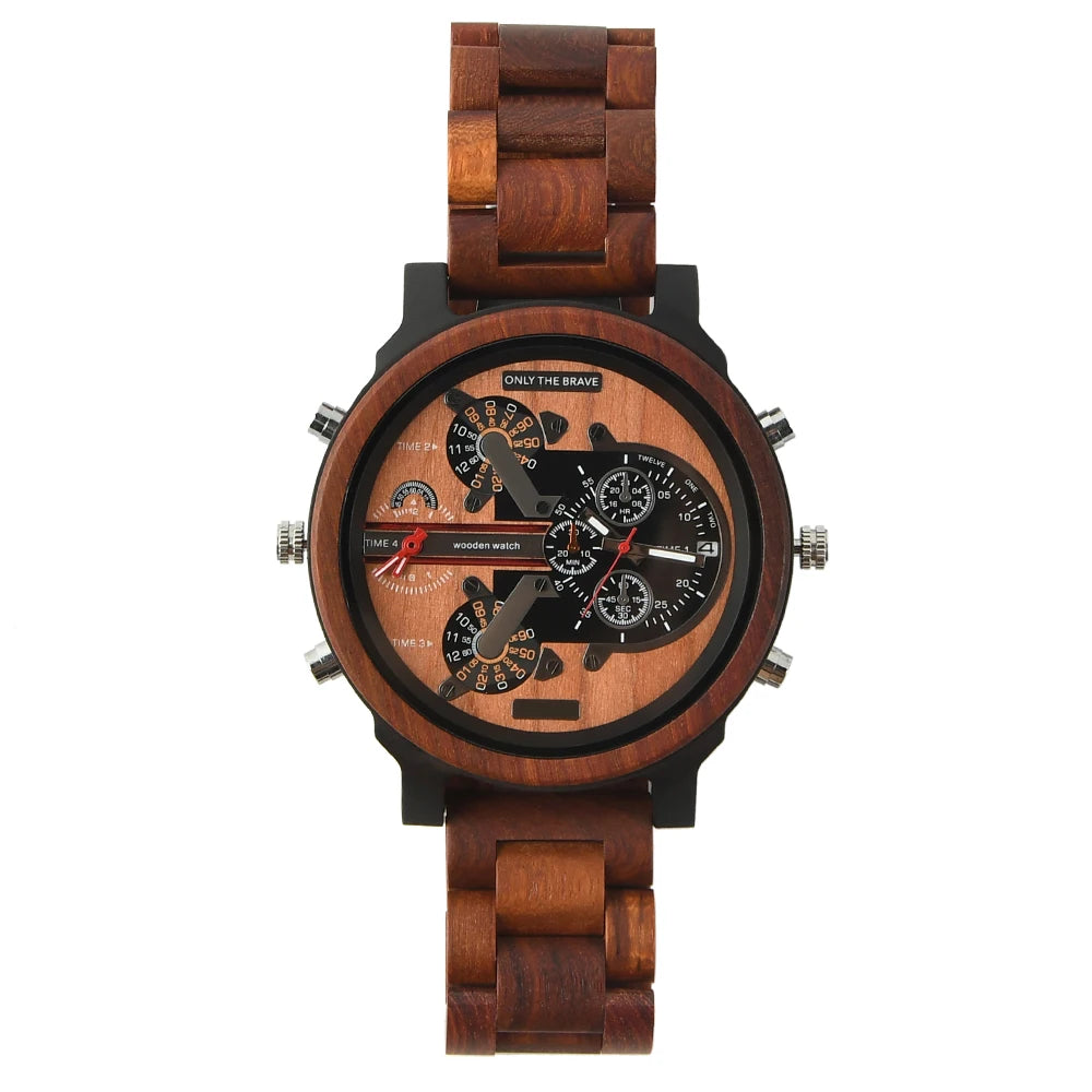 Relojes de pulsera de cuarzo de moda de madera grande con cara grande, vestido con correa, reloj doble, reloj vikingo de madera