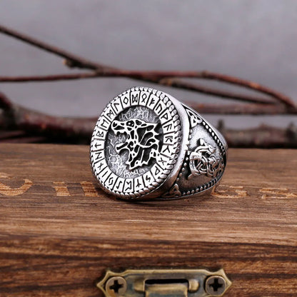 Roestvrij stalen Viking-wolfskop en Odin Rune-ring