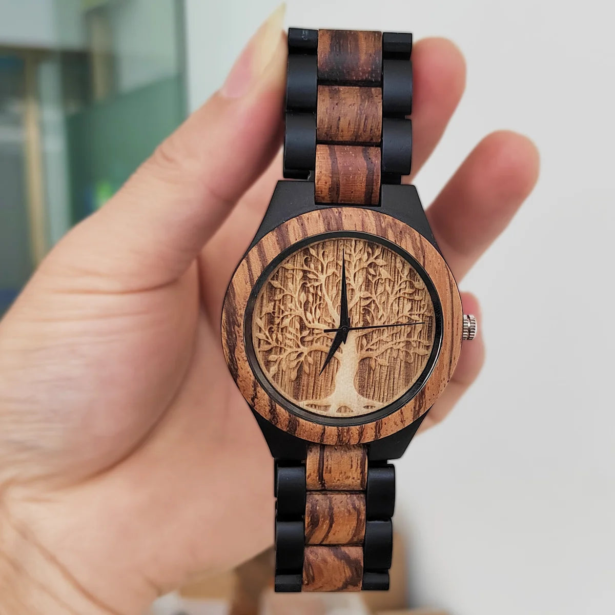 Lucky Tree Of Life Chronograph, modisches Kolibri-Zifferblatt, Holz, Quarz-Armbanduhr, Wikingeruhr