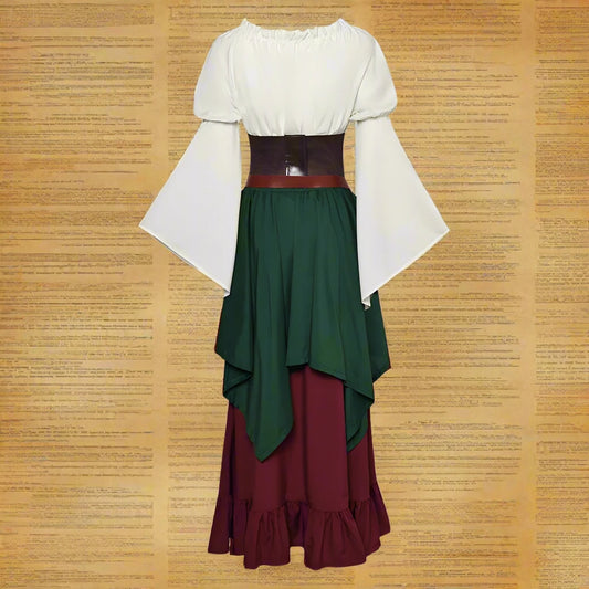 White blouse with bell sleeves, green skirt, and red underskirt Viking Dress