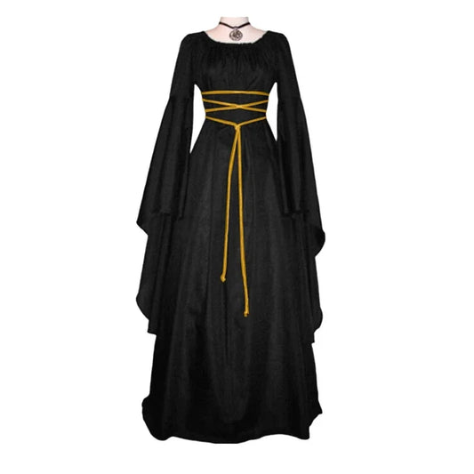 Retro Gothic Maxi Dress Gown Black Halloween Carnival Larp Viking Women Dresses