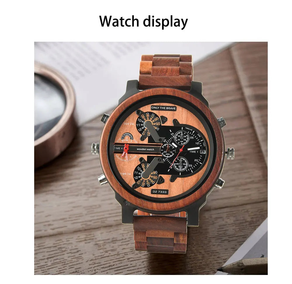 Relojes de pulsera de cuarzo de moda de madera grande con cara grande, vestido con correa, reloj doble, reloj vikingo de madera