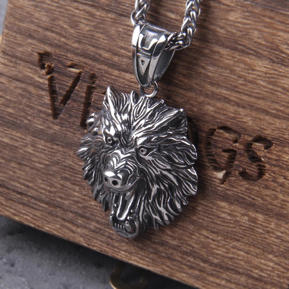 Norse Fashion djur rostfritt stål Wolf Head hänge Viking halsband