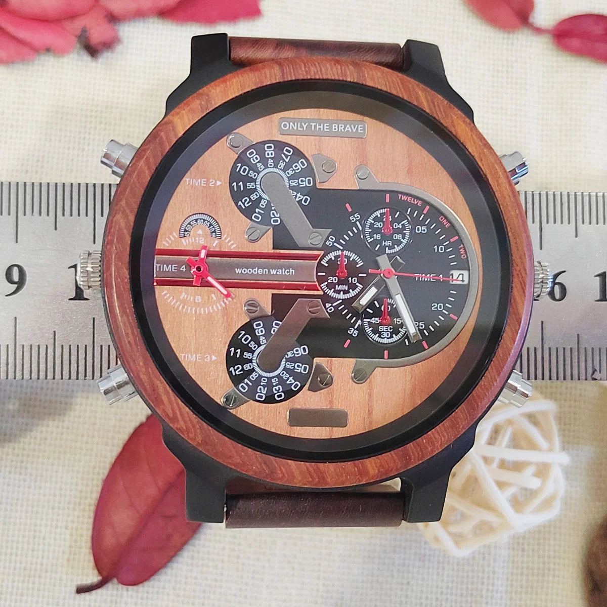 Fashion uurwerken chronograaf houten quartz pols Viking-horloge met grote wijzerplaat