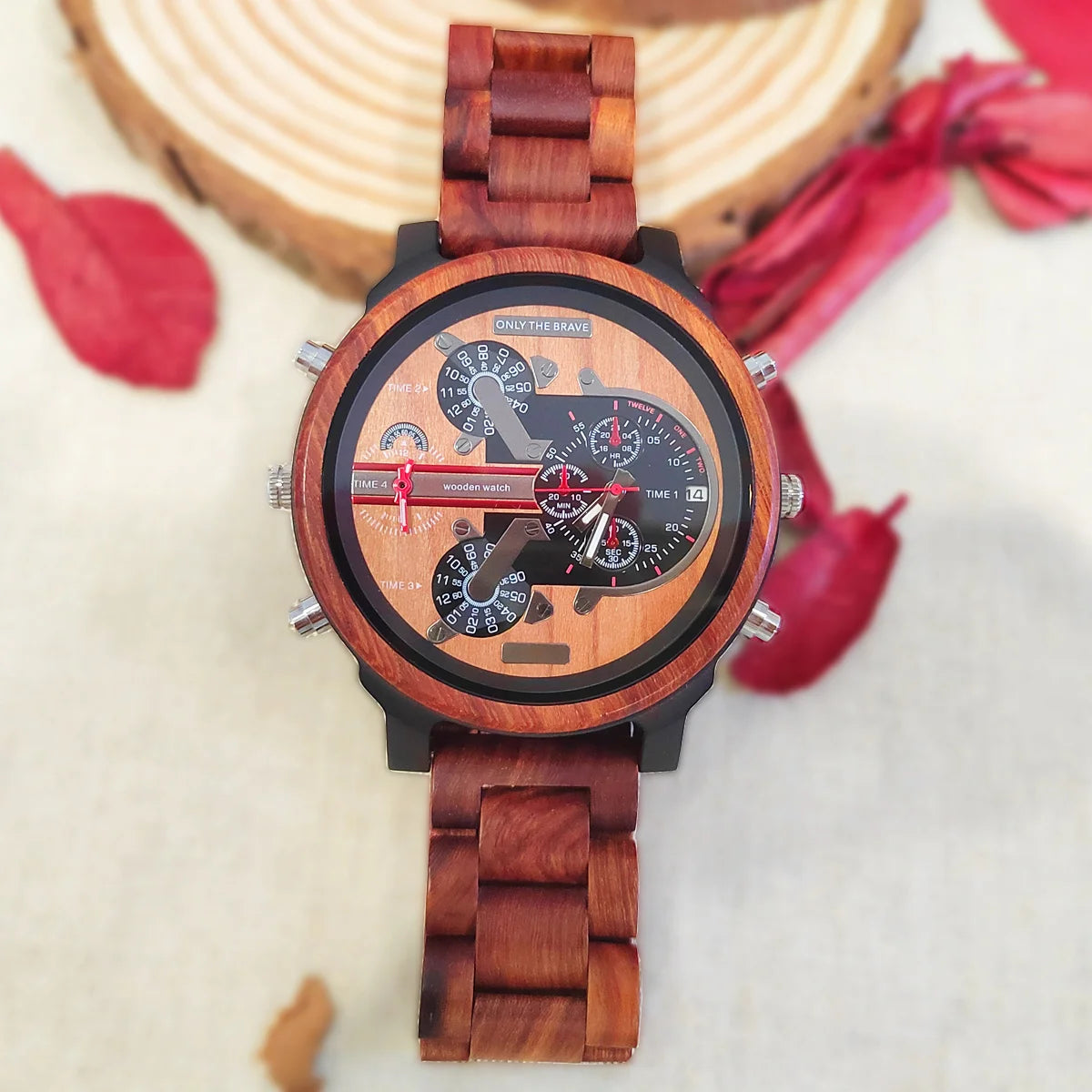 Relojes de pulsera de cuarzo de moda de madera grande con cara grande, vestido con correa, reloj doble, reloj vikingo de madera