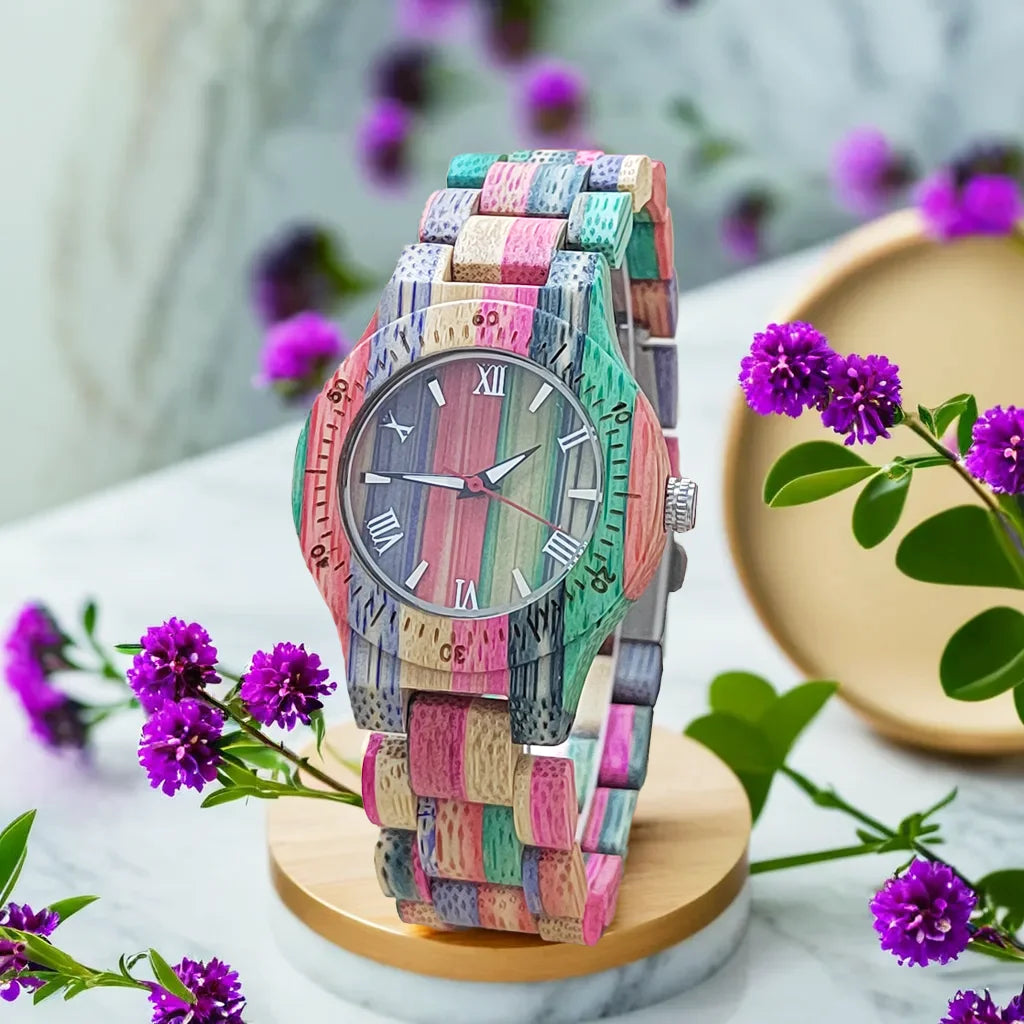 Reloj de mujer elegante y colorido reloj vikingo de madera de bambú