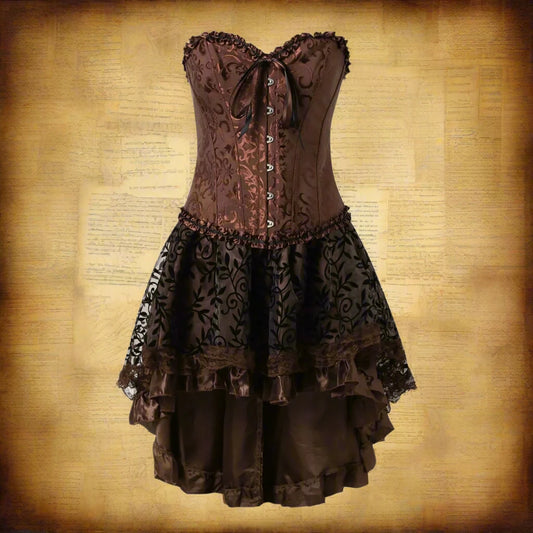 Brown corset-style Viking dress with lace details and layers