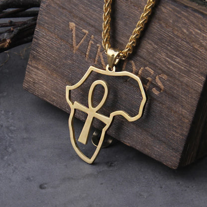 Ryðfrítt stál Africa Map & Ankh Cross Pendant Viking Hálsmen