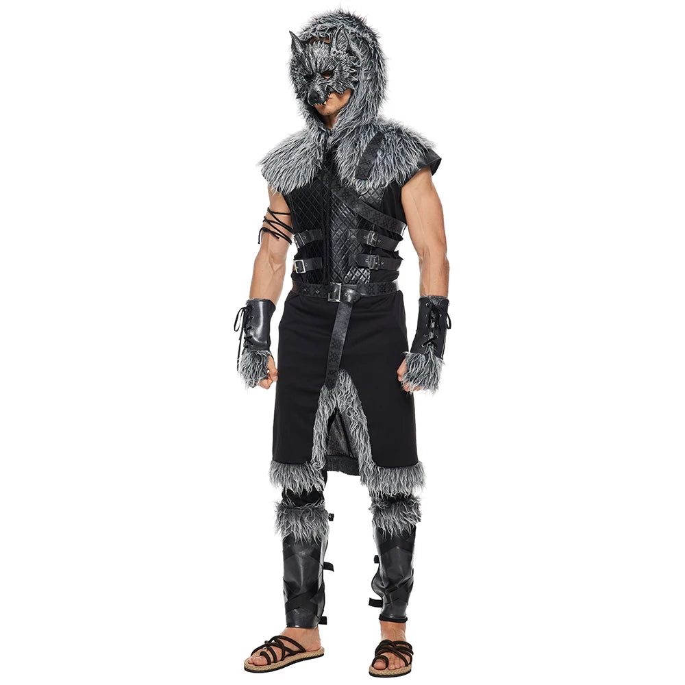 Costume da lupo Lupo mannaro Guerriero Cosplay Costumi di Halloween per adulti Tuta in pelle di pelliccia Set completo vichingo