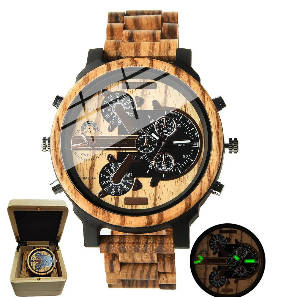 Big Face Large Wood Fashion Quartz Ročne ure Obleka s paščkom Dvojna ura Lesena ura Viking