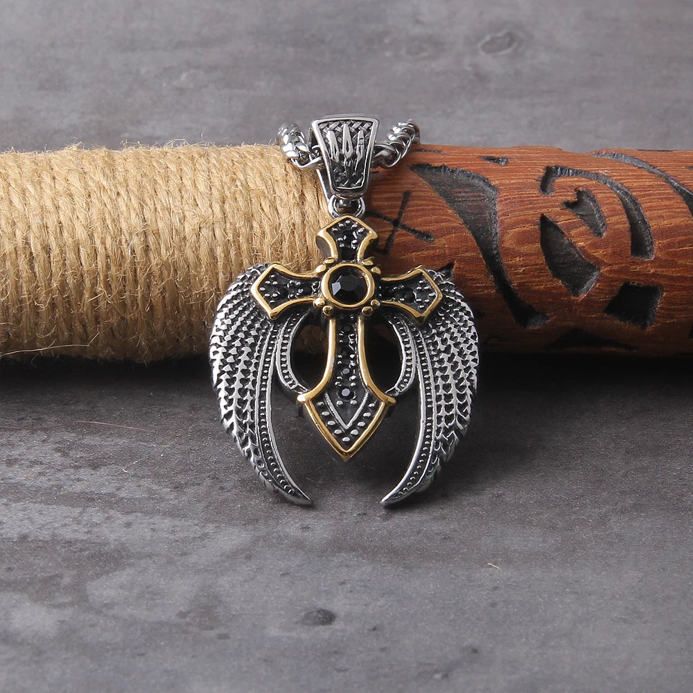 Gold Plated Cross And Silver Wings With Black Stone Pendant Viking Necklace