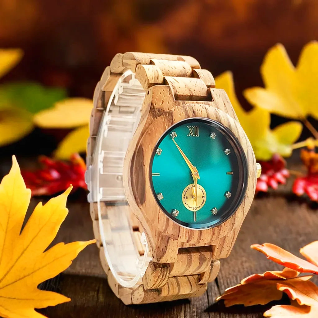 Women's Quartz Wrist Watch Wood Fashion Simulated Diamond Dial Wood Bracelet Viking Watch