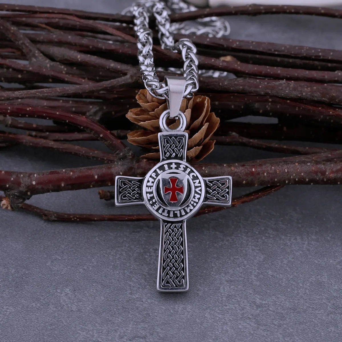 Stainless Steel Red Cross Shield Viking Necklace