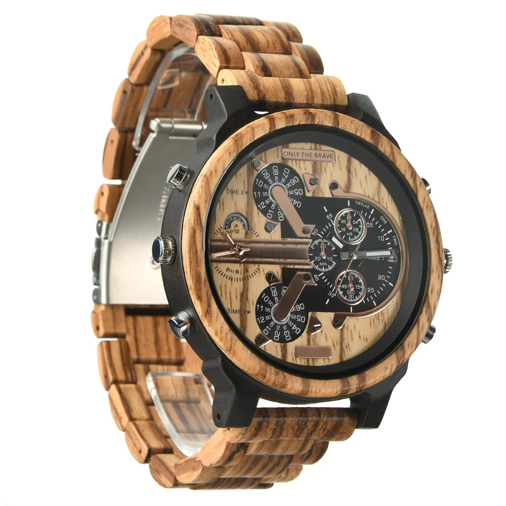 Stort ansikt Stort Tre Mote Kvarts Armbåndsur Strap Kjole Dual Clock Wooden Viking Watch