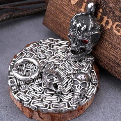 Pendentif crâne œil rouge en acier inoxydable, avec chaîne carrée, collier Viking