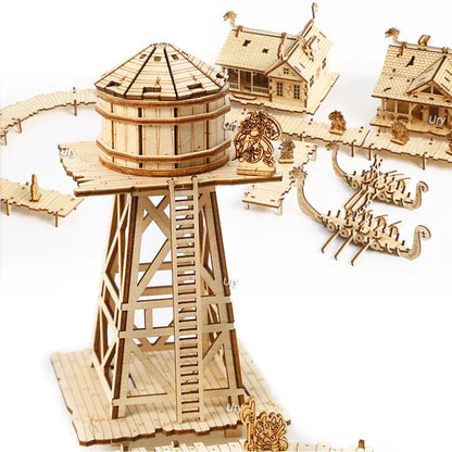 3D Wooden Puzzle City Viking Fisherman Wharf Village Handsmíðað samsetningarhússlíkan