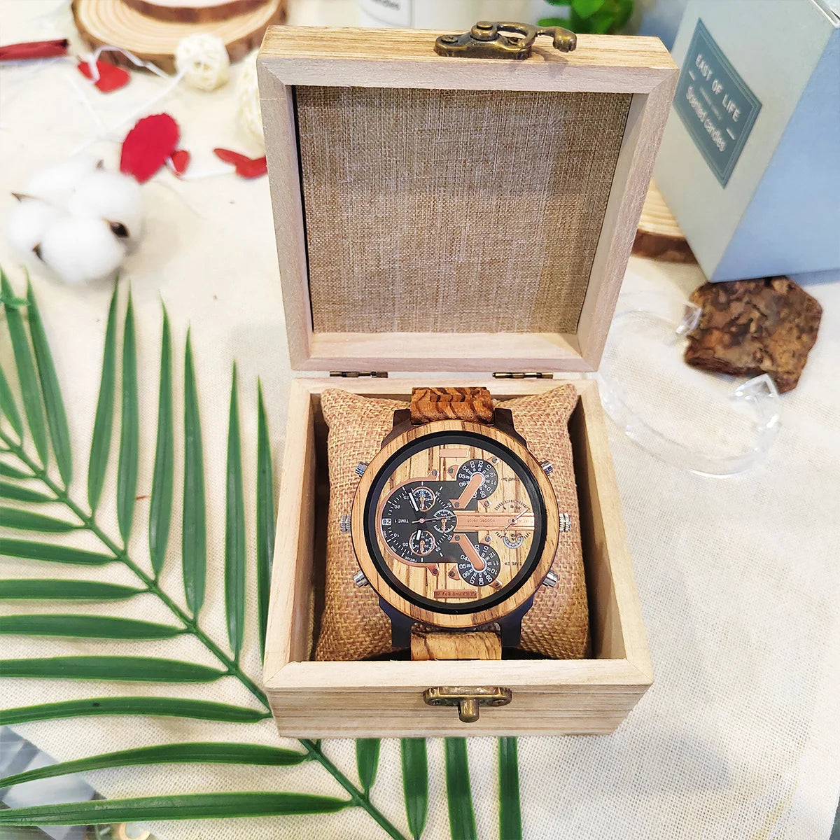 Stór skífa Tískuklukkur Chronograph Wooden Quartz Wrist Viking Watch