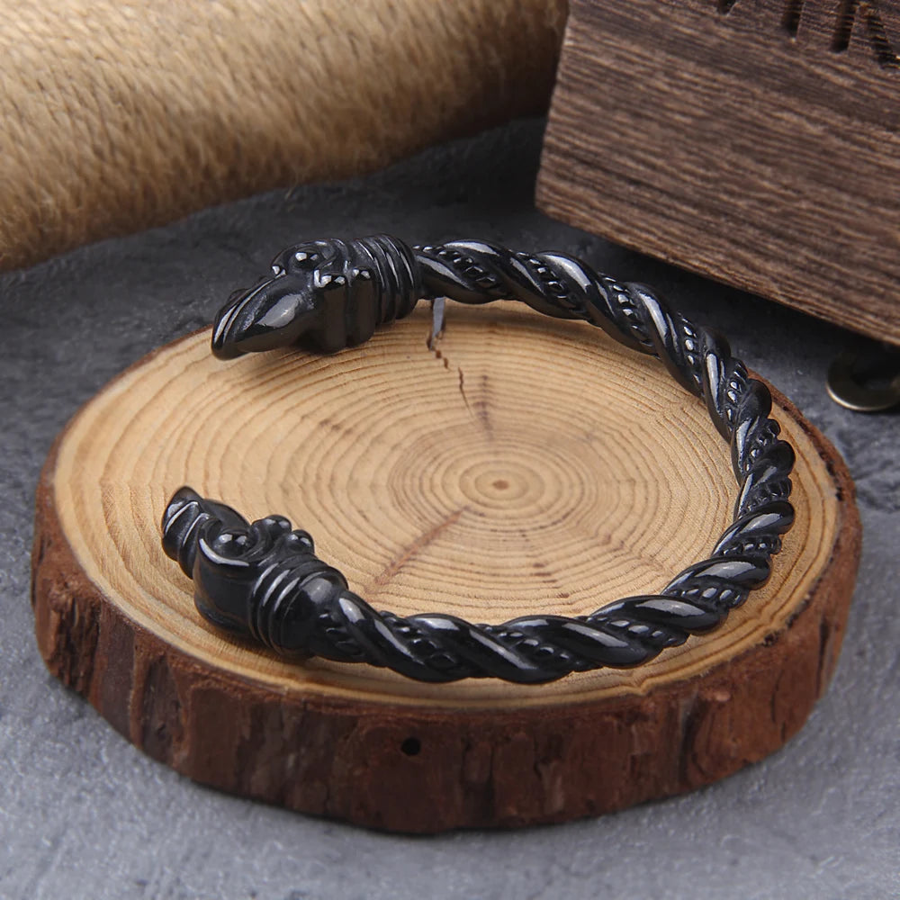 Pulseira Norse Raven Viking em aço inoxidável preto