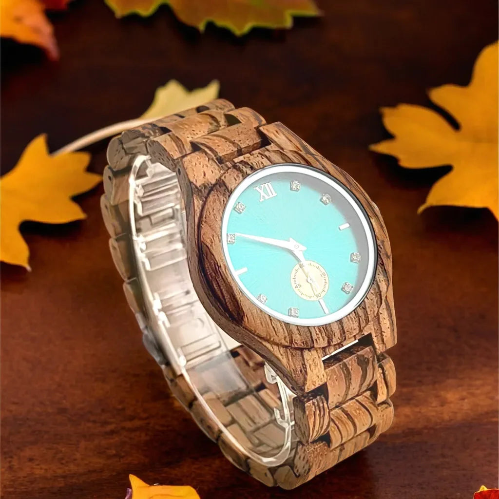 Fashion Simulated Diamond Dial Wood Bangle Timepiece Clock Women's Quartz Wristwatch Natural Wooden Bracelet Viking Watch