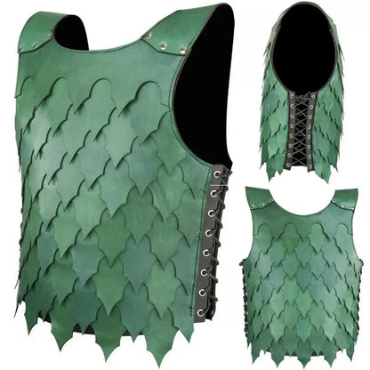 Viking Grønn Viking Pirate Knight Kostyme Steampunk Lær Grønn Scale Vest Brystrustning