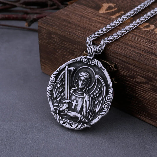 Stainless Steel St. Michael Protection US Cross Viking Necklace